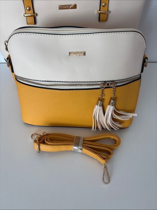 Two-Tone Cream and Mustard Yellow Women’s Tote Set with Crossbody and Wristlet 8