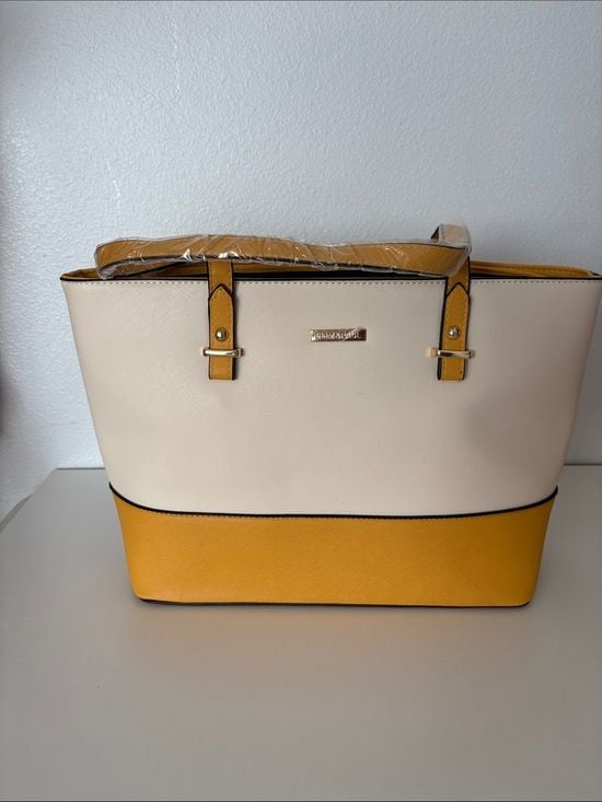 Two-Tone Cream and Mustard Yellow Women’s Tote Set with Crossbody and Wristlet 9