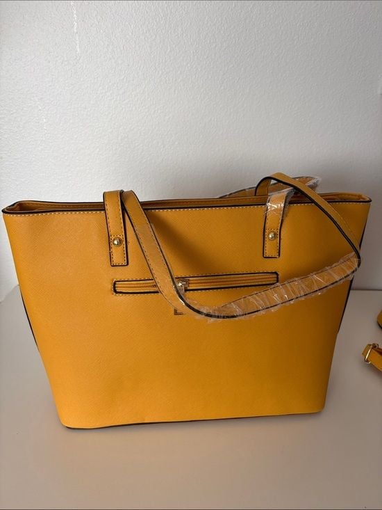 Two-Tone Cream and Mustard Yellow Women’s Tote Set with Crossbody and Wristlet 10