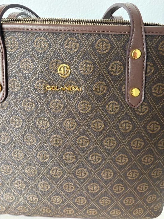 Galandai Brown Monogram Tote Bag with Gold Accents 3