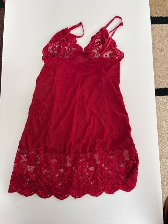 Lace-Trim Red Chemise Slip with Adjustable Straps S 6