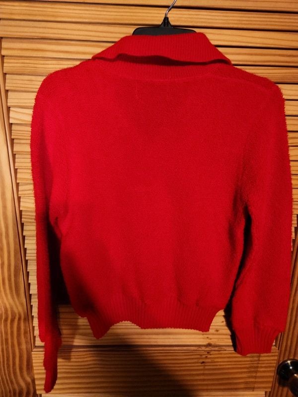 Vintage 70s Vibrant Red fuzz knit Bouclé Knit Polo Sweater – Made in USA, Medium 7