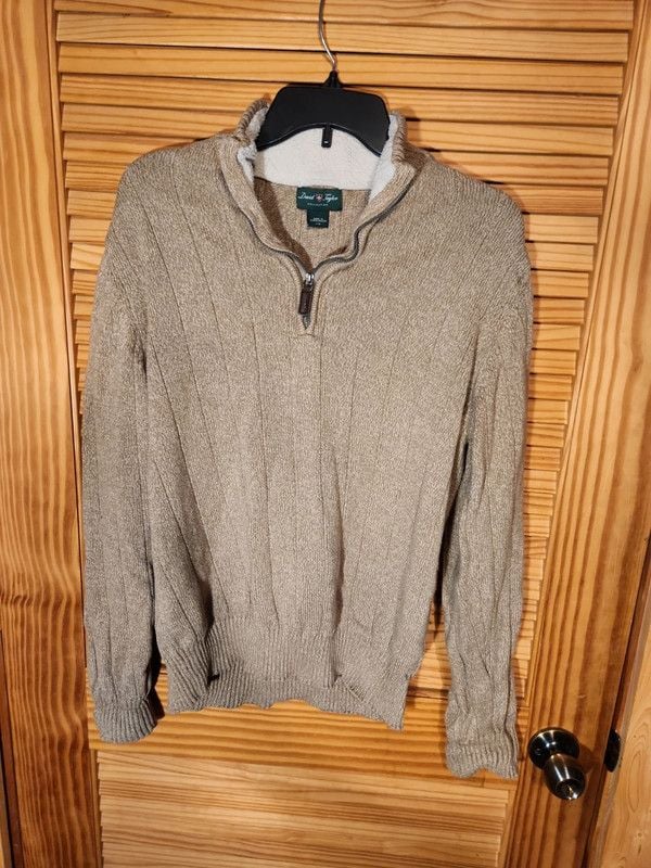 David Taylor Collection Men's Large Tan Ribbed Knit 1/4 Zip Sweater Fleece Lined Collar 2