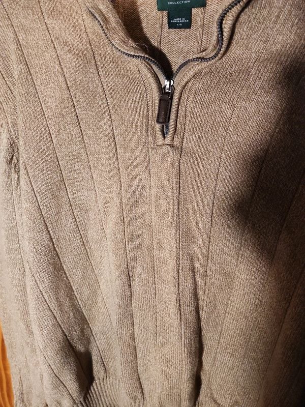 David Taylor Collection Men's Large Tan Ribbed Knit 1/4 Zip Sweater Fleece Lined Collar 3