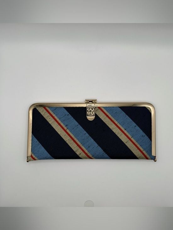 Vintage Striped Silk Kisslock Clutch Wallet Blue Red Silver Tone Frame 2