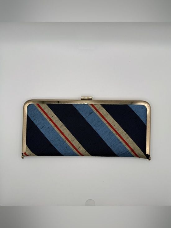 Vintage Striped Silk Kisslock Clutch Wallet Blue Red Silver Tone Frame 3