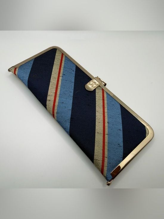 Vintage Striped Silk Kisslock Clutch Wallet Blue Red Silver Tone Frame 4