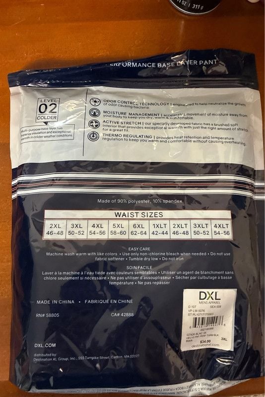 Men’s DXL new 3 xl harbor bay thermal pants base layer black 3
