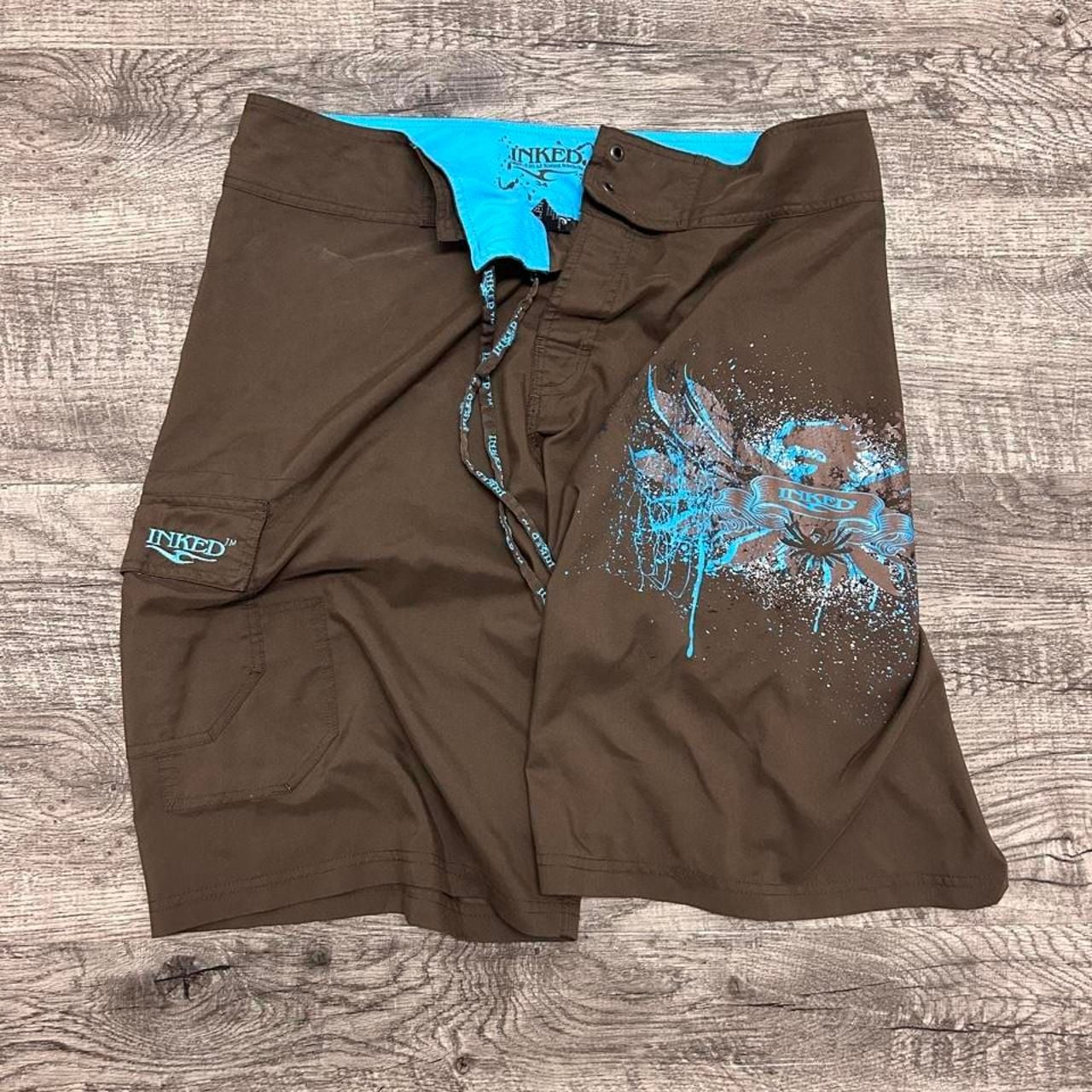 Inked Board Shorts Size 34 Brown Blue Graphic Y2K 2