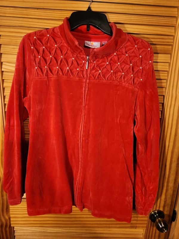Quacker Factory Red Velour Pearl Embellished Smocked Zip Jacket M 2