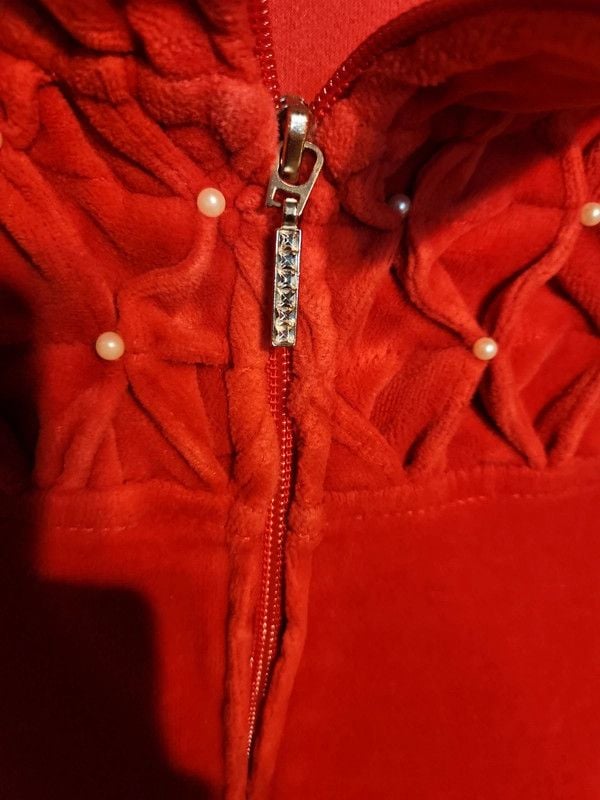 Quacker Factory Red Velour Pearl Embellished Smocked Zip Jacket M 5