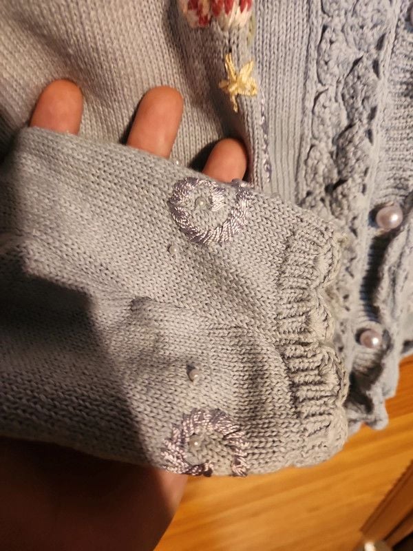 Vintage Pastel Periwinkle Floral Embroidered Cardigan Sweater (Size XL) 8