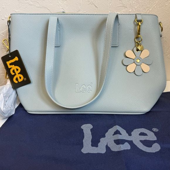 NWT Lee Montana West Pebble Vegan Leather Tote Bag Light Blue Flower Charm 2