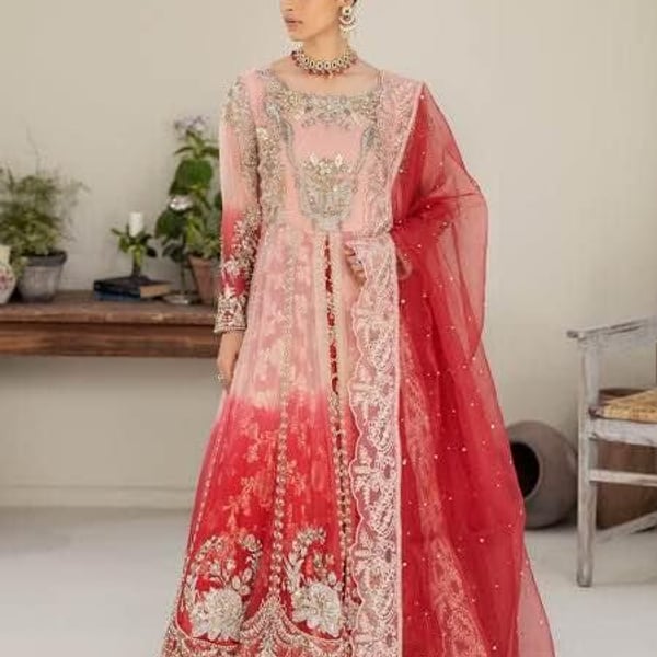 Pakistani floor length designer maxi gown wedding dress 3 pc embroidered