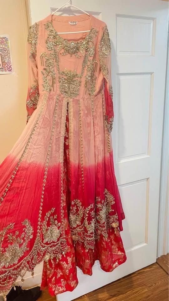Pakistani floor length designer maxi gown wedding dress 3 pc embroidered 9