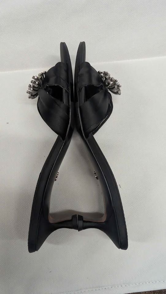 Sam Edelman Cindie Black Satin Rhinestone Brooch Kitten Heel Mules Slide Sandals. Sizes 6.5 & 7W 4