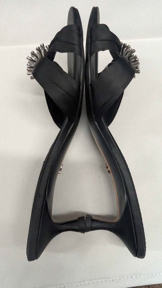 Sam Edelman Cindie Black Satin Rhinestone Brooch Kitten Heel Mules Slide Sandals. Sizes 6.5 & 7W 5