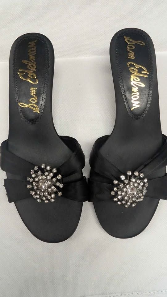 Sam Edelman Cindie Black Satin Rhinestone Brooch Kitten Heel Mules Slide Sandals. Sizes 6.5 & 7W 6