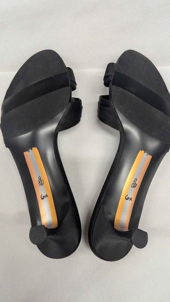Sam Edelman Cindie Black Satin Rhinestone Brooch Kitten Heel Mules Slide Sandals. Sizes 6.5 & 7W 7