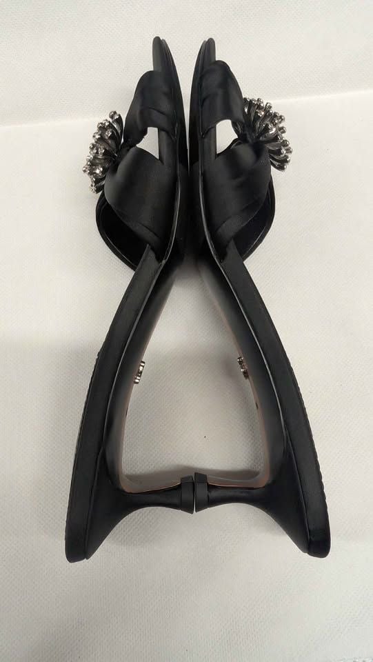 Sam Edelman Cindie Black Satin Rhinestone Brooch Kitten Heel Mules Slide Sandals. Sizes 6.5 & 7W 8
