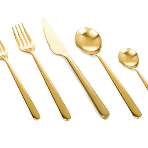 Mepra Linea Ice Oro 5-Piece Flatware Set – Premium Matte Gold Italian Cutlery. 6 Boxes Available.