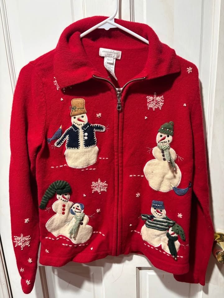 Jones New York Sport Red Snowman Zip-Up Sweater Size Small 3