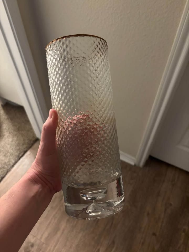 Tall Hobnail glass vase with copper rim 1