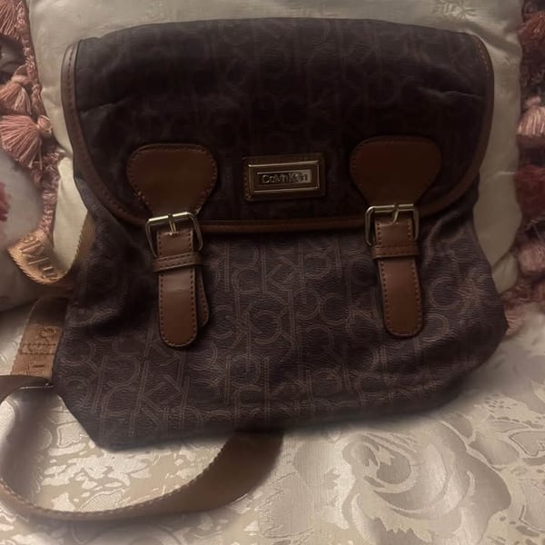 Calvin Klein Signature Monogram Shoulder Bag – Brown & Tan – Gold Hardware